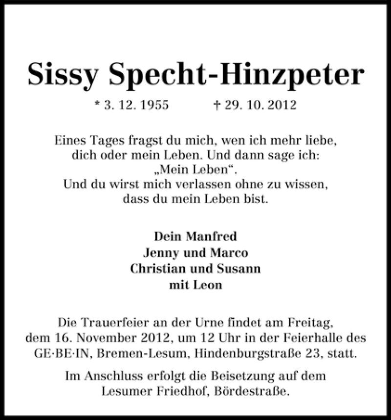 Traueranzeige von Sissy Specht-Hinzpeter von WESER-KURIER