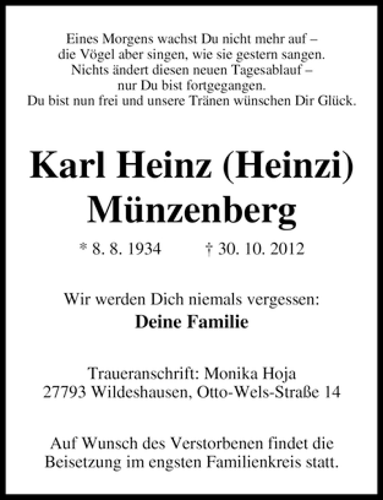 Traueranzeige von Karl Heinz (Heinzi) Münzenberg von WESER-KURIER