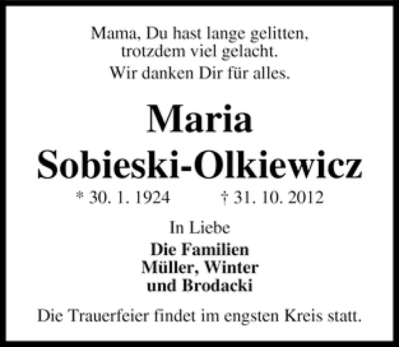 Traueranzeige von Maria Sobieski-Olkiewicz von WESER-KURIER