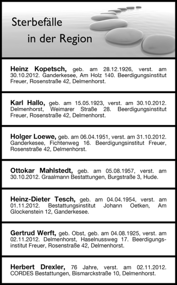 Traueranzeige von Sterbefälle vom 06.11.2012 von WESER-KURIER