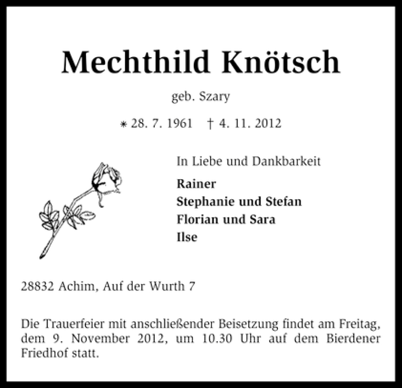Traueranzeige von Mechthild Knötsch von WESER-KURIER