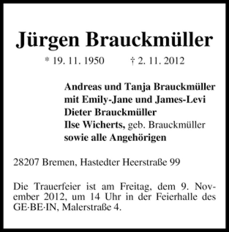 Traueranzeige von Jürgen Brauckmüller von WESER-KURIER