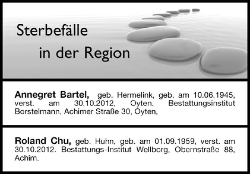 Traueranzeige von Sterbefälle vom 08.11.2012 von WESER-KURIER