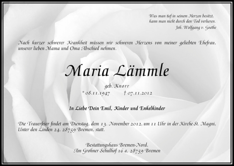  Traueranzeige für Maria Lämmle vom 10.11.2012 aus WESER-KURIER