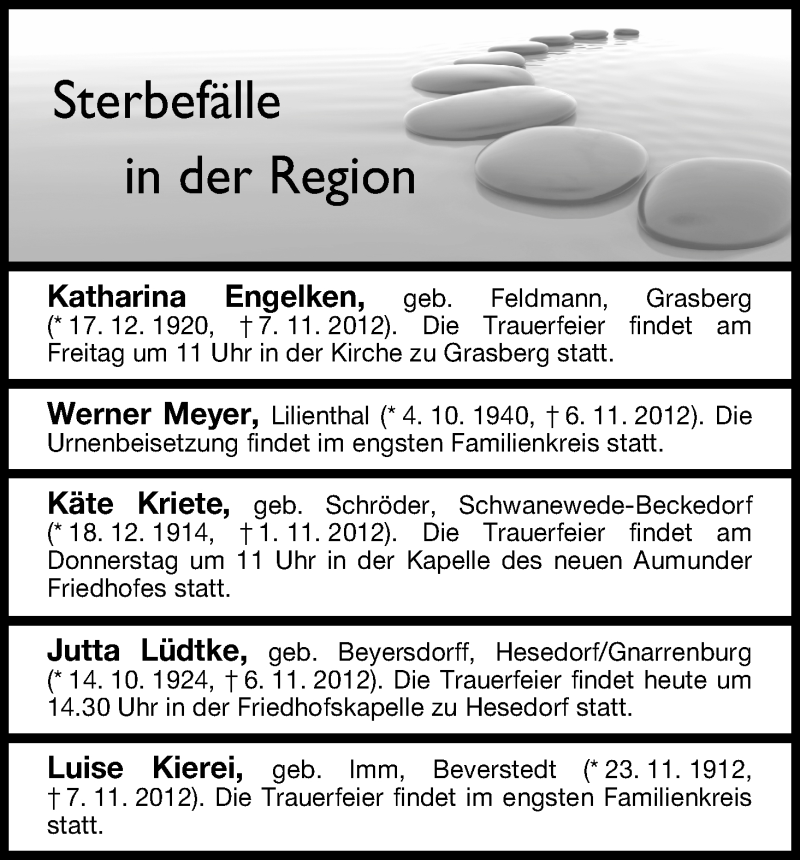 Traueranzeige von Sterbefälle vom 10.11.2012 von WESER-KURIER