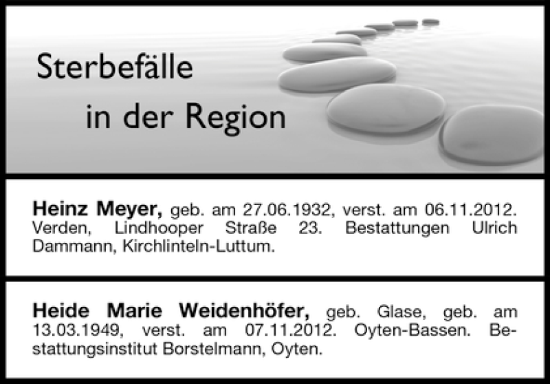 Traueranzeige von Sterbefälle vom 10.11.2012 von WESER-KURIER