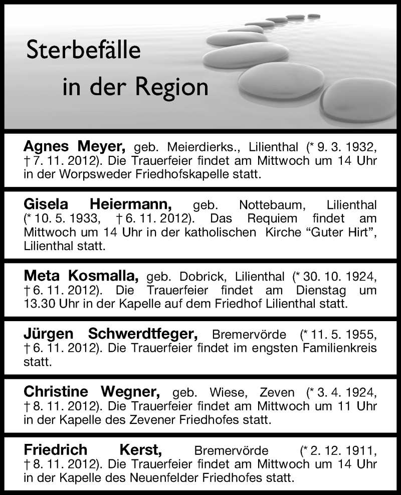 Traueranzeige von Sterbefälle von 12.11.2012 von WESER-KURIER