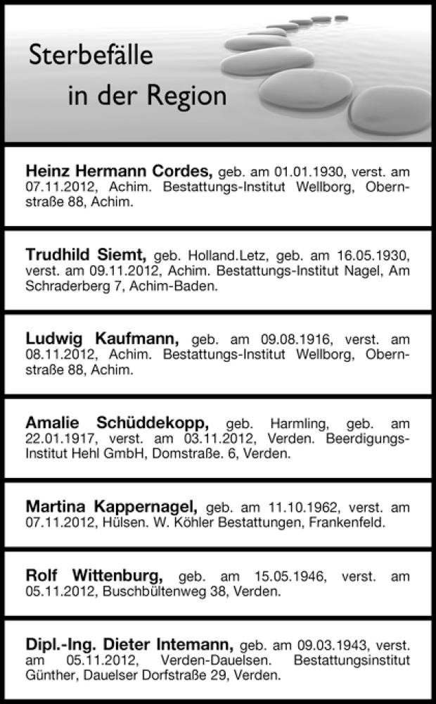 Traueranzeige von Sterbefälle vom 13.11.2012 von WESER-KURIER