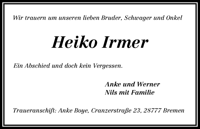 Traueranzeige von Heiko Irmer von WESER-KURIER