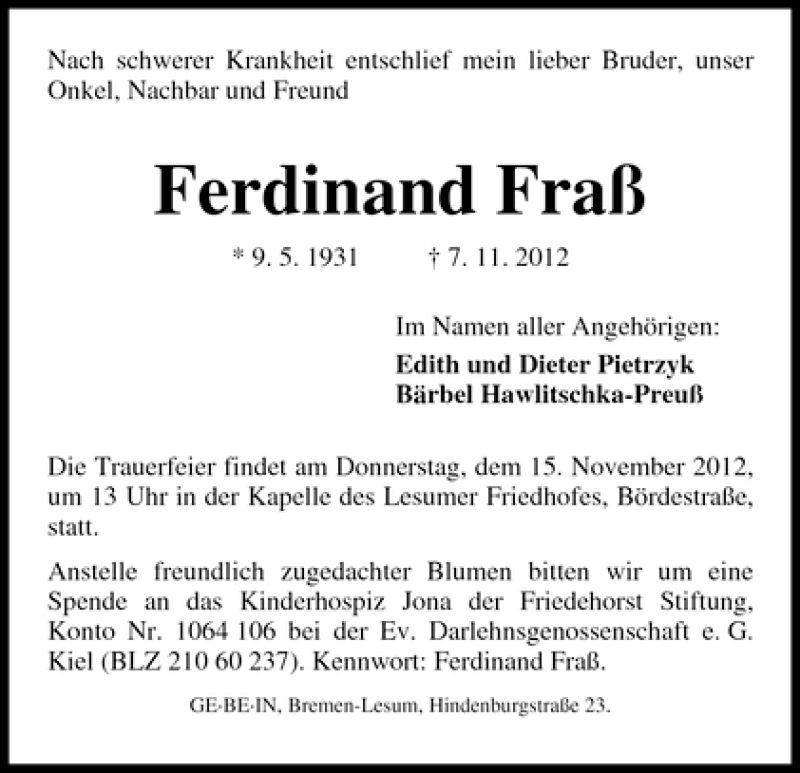 Traueranzeige von Ferdinand Fraß von WESER-KURIER
