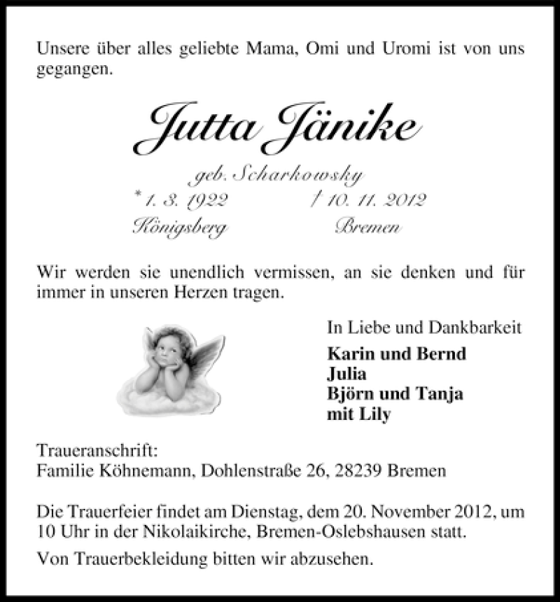 Traueranzeige von Jutta Jänike von WESER-KURIER