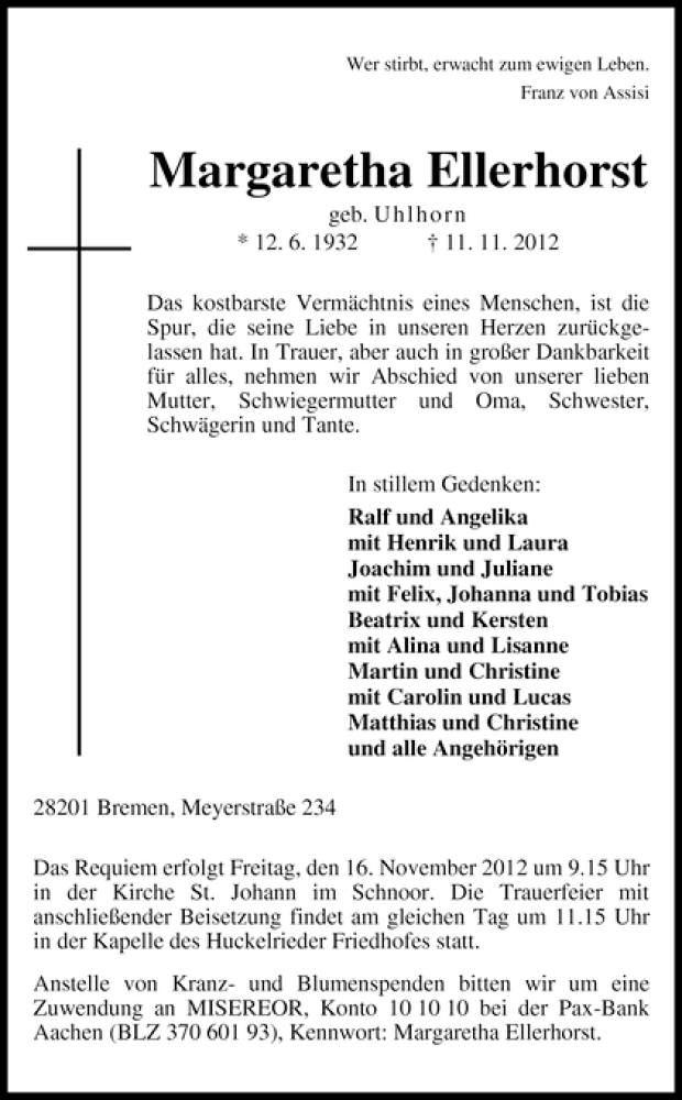 Traueranzeige von Margaretha Ellerhorst von WESER-KURIER