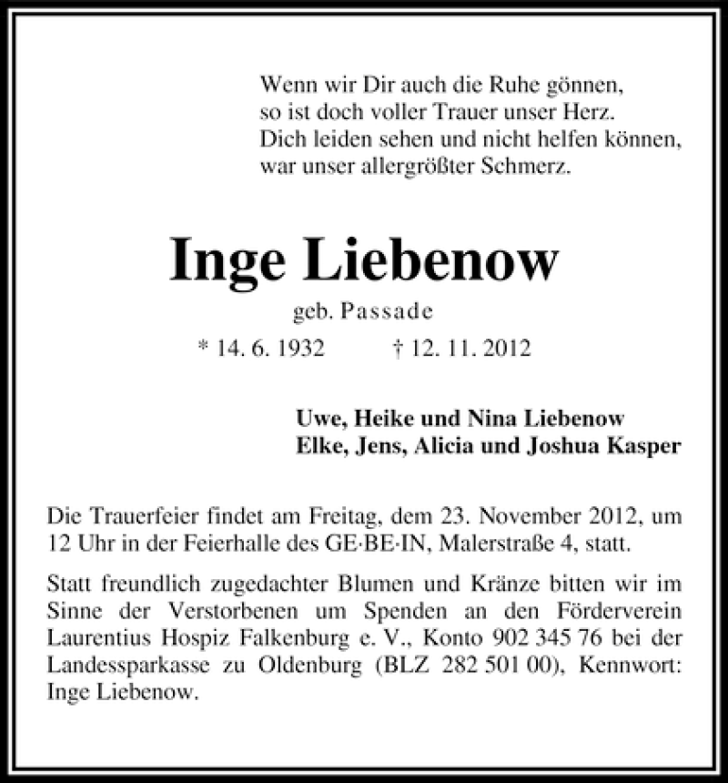Traueranzeige von Inge Liebenow von WESER-KURIER
