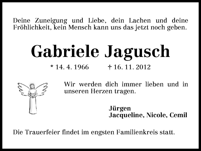  Traueranzeige für Gabriele Jagusch vom 21.11.2012 aus WESER-KURIER