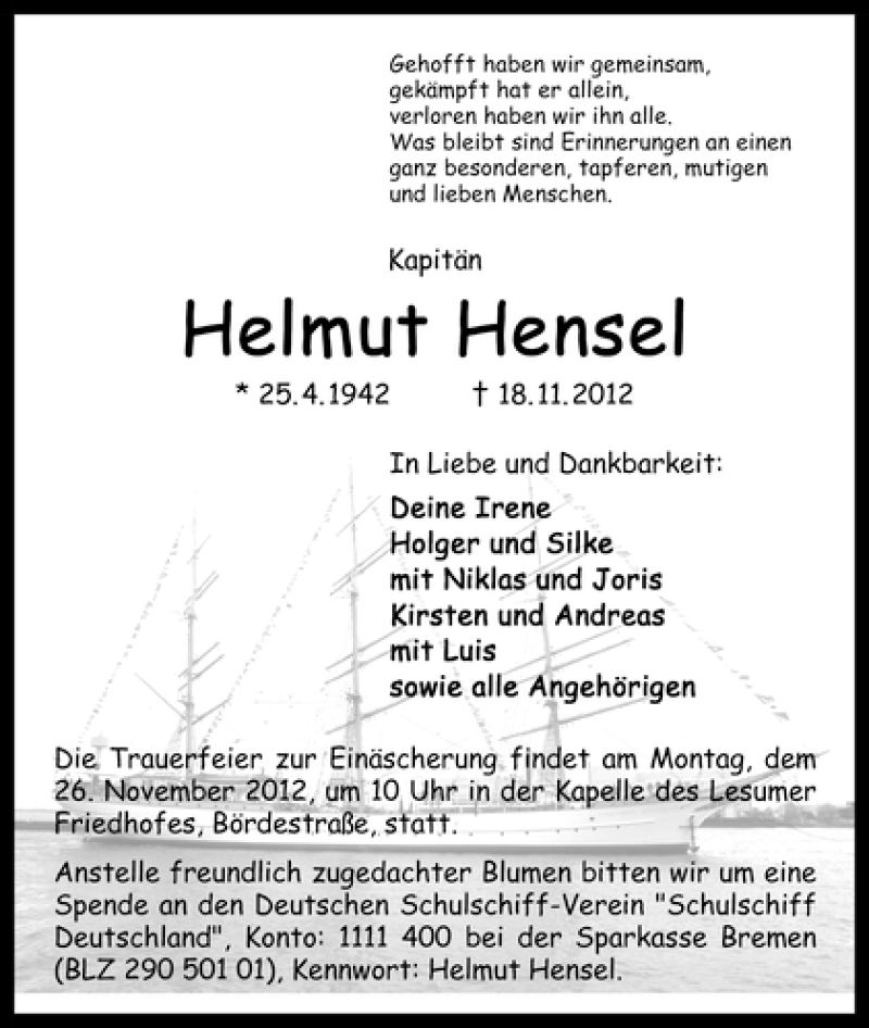  Traueranzeige für Helmut Hensel vom 21.11.2012 aus WESER-KURIER