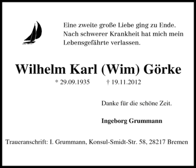 Traueranzeige von Wilhelm Karl (Wim) Görke von WESER-KURIER