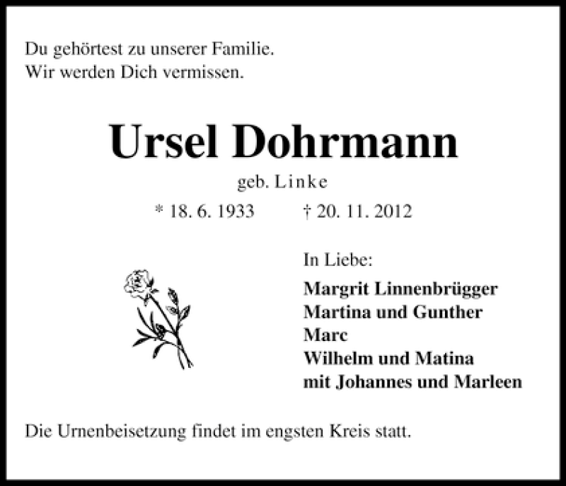 Traueranzeige von Ursel Dohrmann von WESER-KURIER
