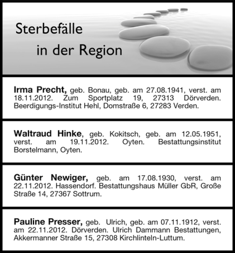 Traueranzeige von Sterbefälle vom 24.11.2012 von WESER-KURIER