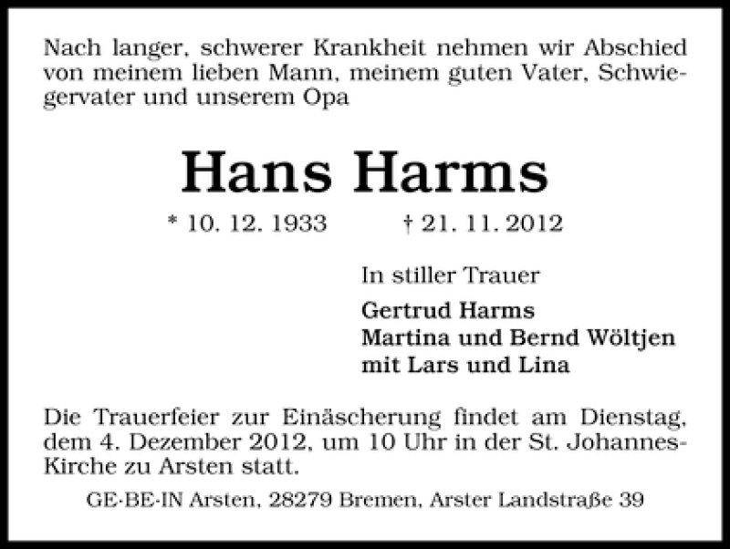 Traueranzeige von Hans Harms von WESER-KURIER