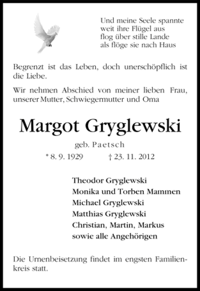 Traueranzeige von Margot Gryglewski von WESER-KURIER