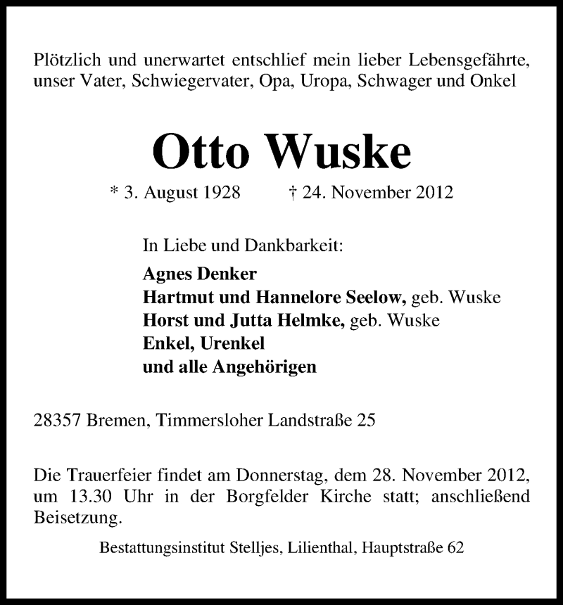  Traueranzeige für Otto Wuske vom 26.11.2012 aus WESER-KURIER