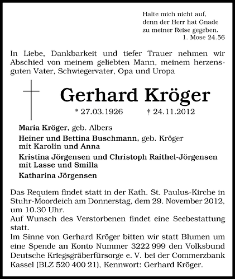  Traueranzeige für Gerhard Kröger vom 27.11.2012 aus WESER-KURIER