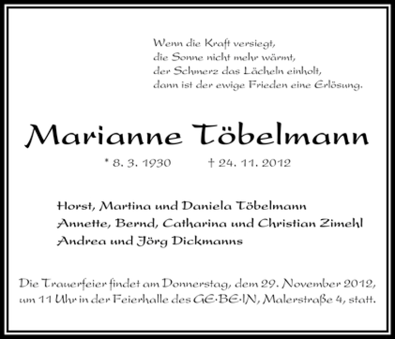  Traueranzeige für Marianne Töbelmann vom 27.11.2012 aus WESER-KURIER