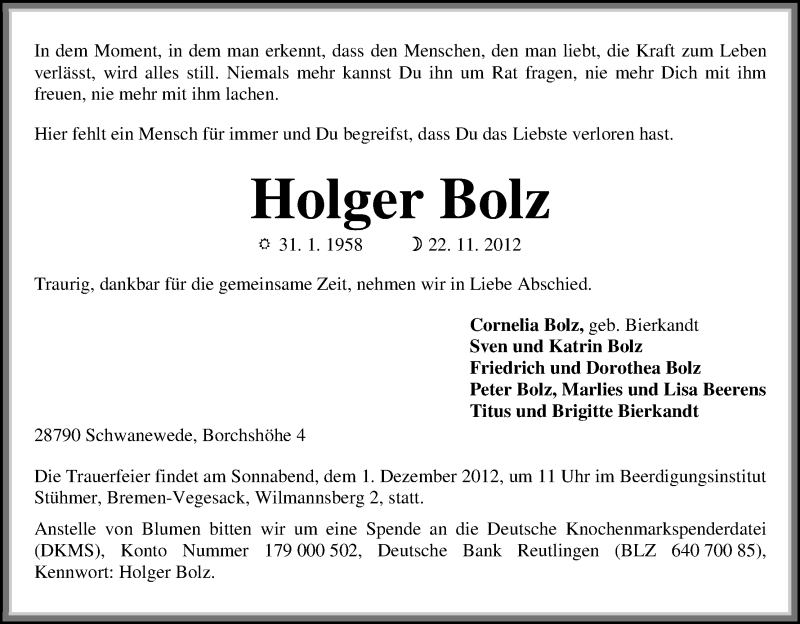 Traueranzeige von Holger Bolz von WESER-KURIER