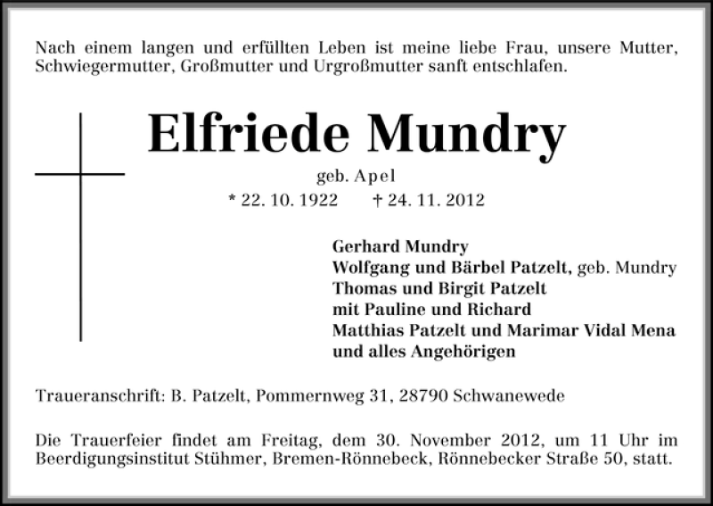  Traueranzeige für Elfriede Mundry vom 27.11.2012 aus WESER-KURIER