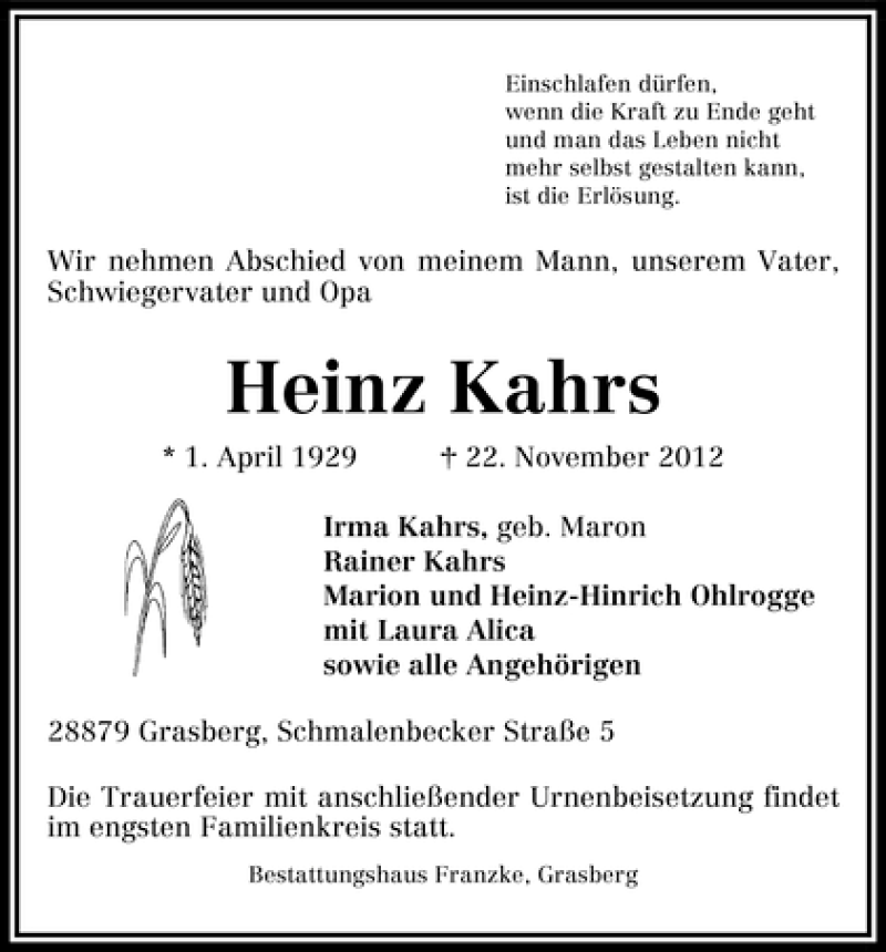 Traueranzeige von Heinz Kahrs von WESER-KURIER