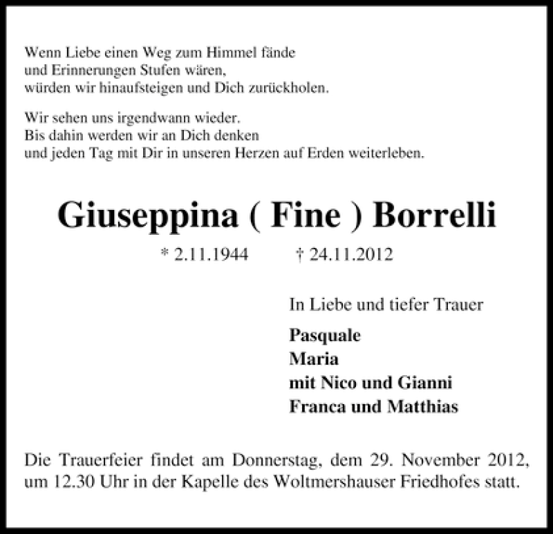 Traueranzeige von Giuseppina (Fine) Borrelli von WESER-KURIER