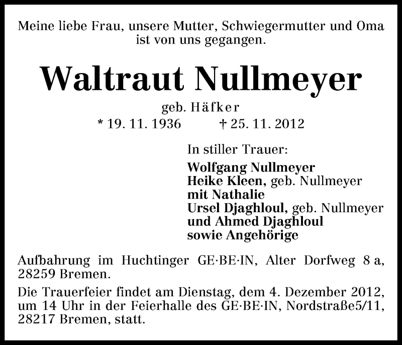 Traueranzeige von Waltraut Nullmeyer von WESER-KURIER
