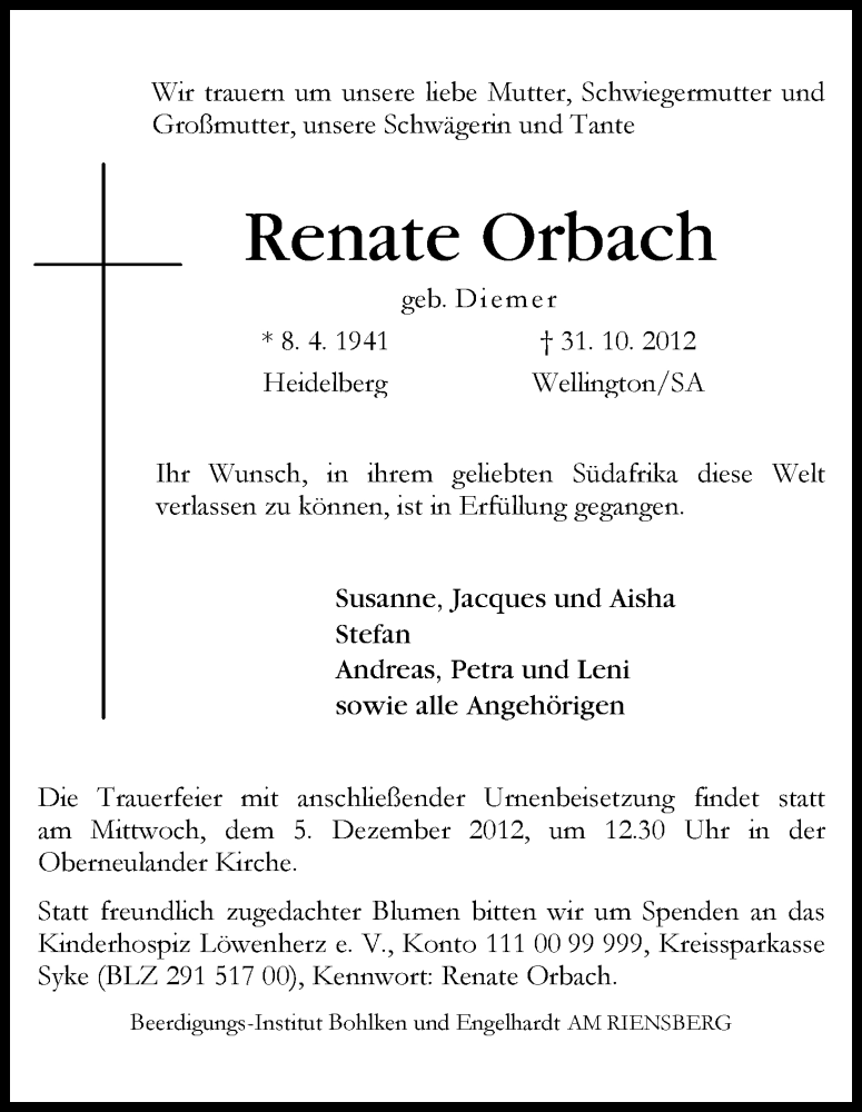  Traueranzeige für Renate Orbach vom 01.12.2012 aus WESER-KURIER
