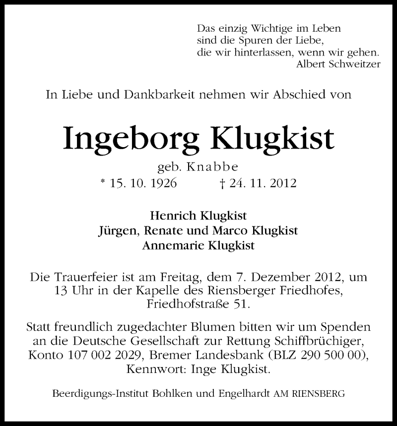 Traueranzeige für Ingeborg Klugkist vom 01.12.2012 aus WESER-KURIER
