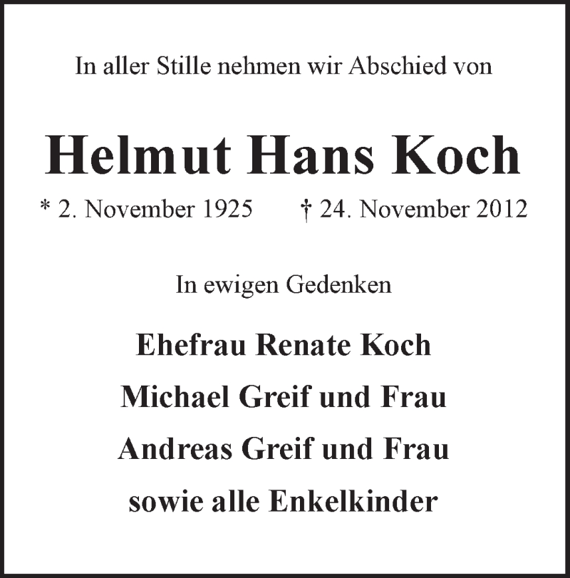  Traueranzeige für Helmut Hans Koch vom 01.12.2012 aus WESER-KURIER