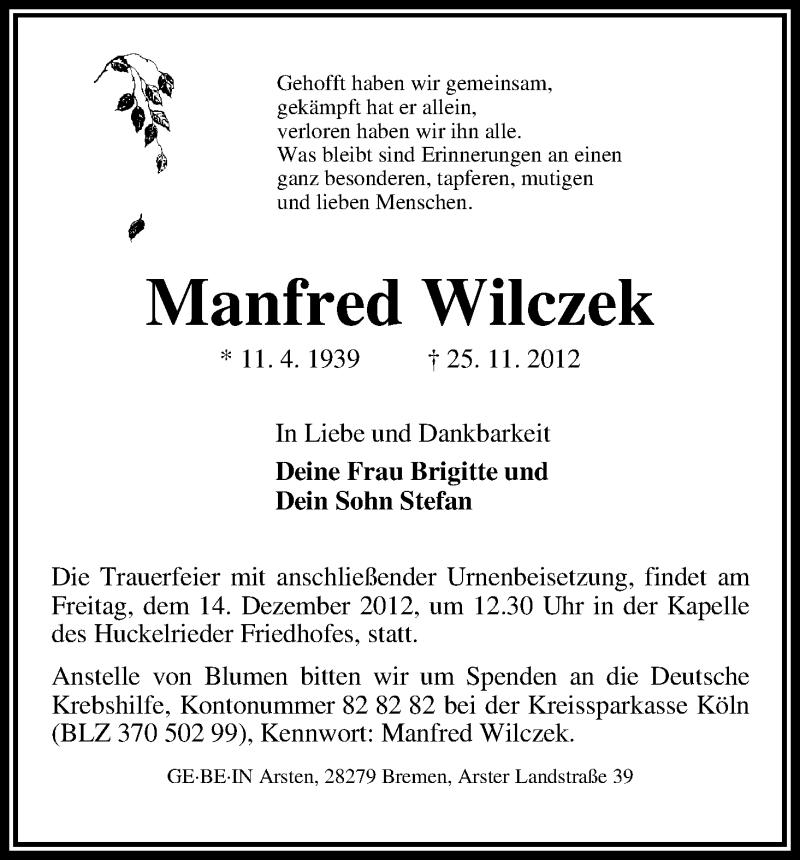 Traueranzeige von Manfred Wilczek von WESER-KURIER