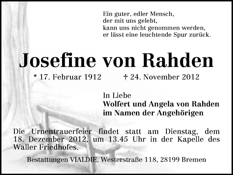 Traueranzeige für Josefine von Rahden vom 01.12.2012 aus WESER-KURIER