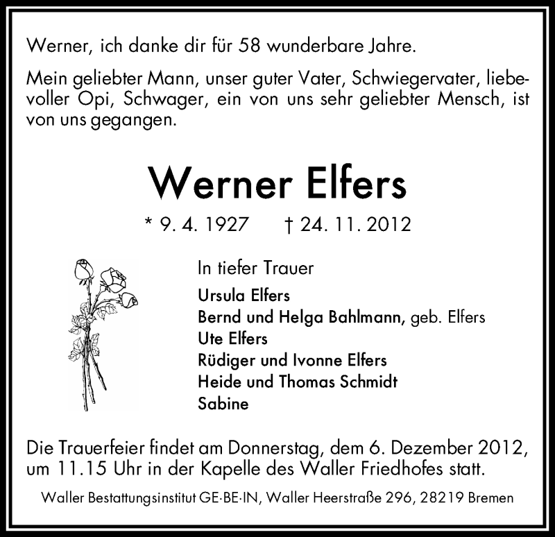  Traueranzeige für Werner Elfers vom 01.12.2012 aus WESER-KURIER