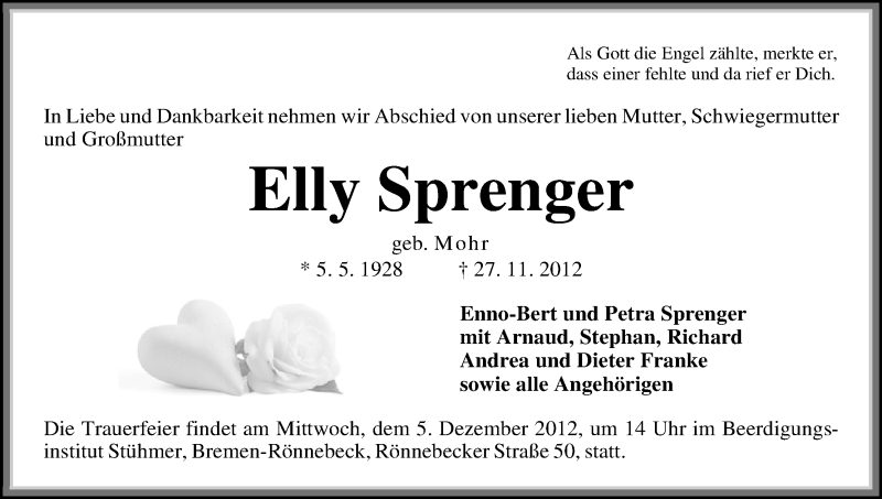 Traueranzeige von Elly Sprenger von WESER-KURIER