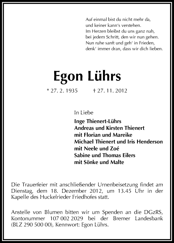Traueranzeige von Egon Lührs von WESER-KURIER