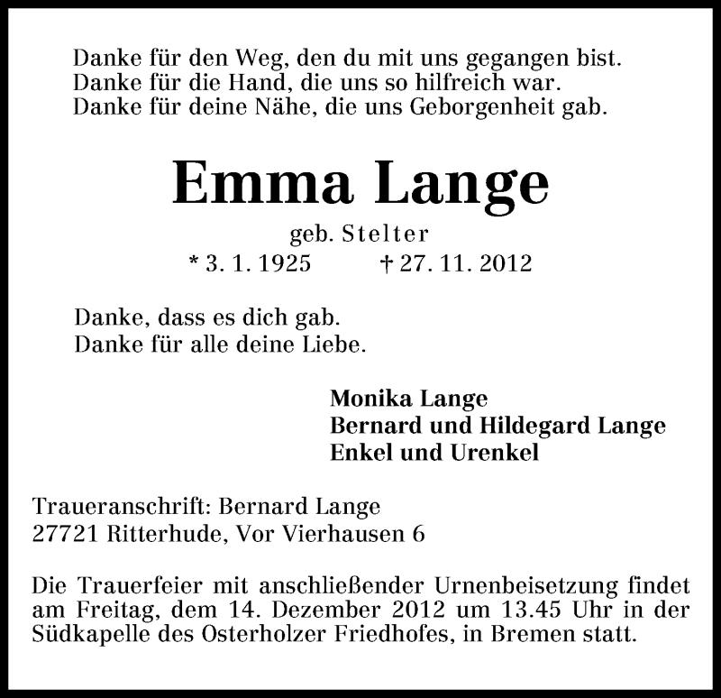Traueranzeige von Emma Lange von WESER-KURIER