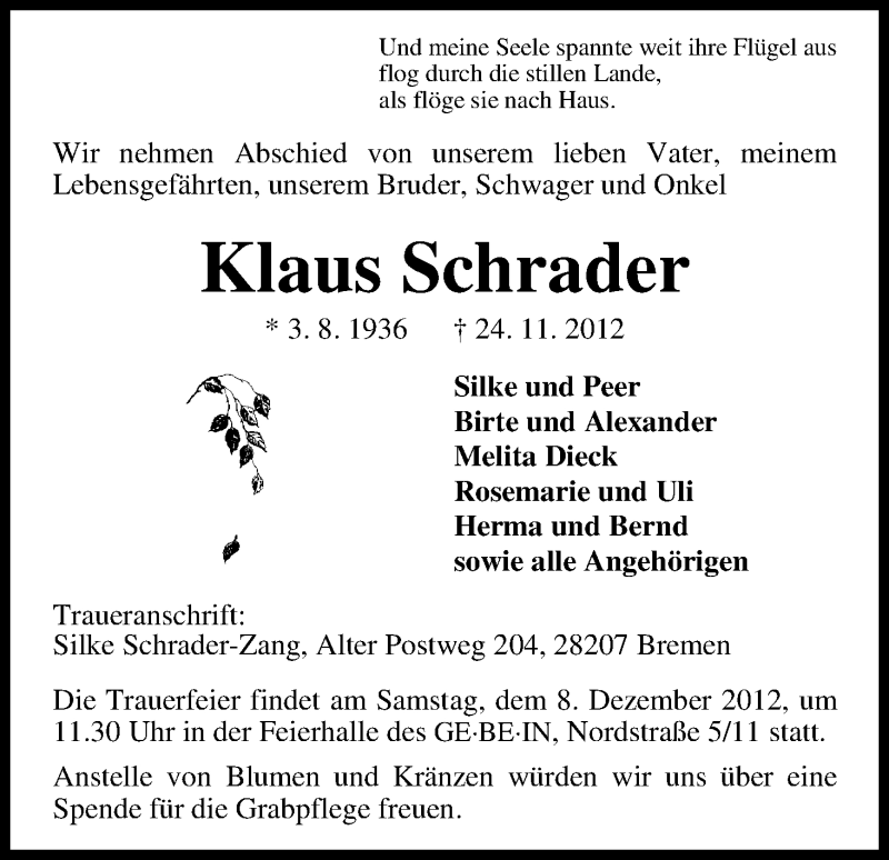 Traueranzeige von Klaus Schrader von WESER-KURIER