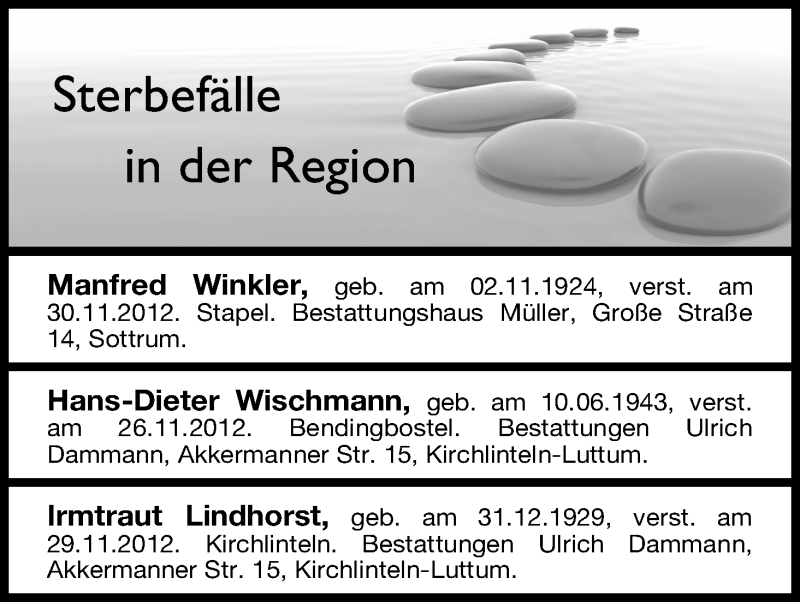 Traueranzeige von Sterbefälle vom 04.12.2012 von WESER-KURIER