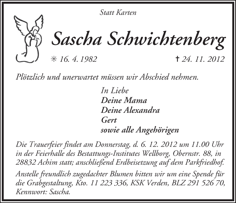  Traueranzeige für Sascha Schwichtenberg vom 04.12.2012 aus WESER-KURIER