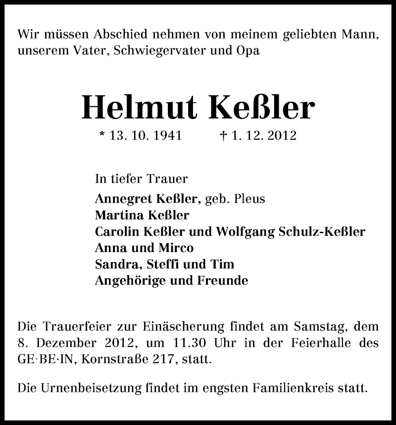 Traueranzeige von Helmut Keßler von WESER-KURIER