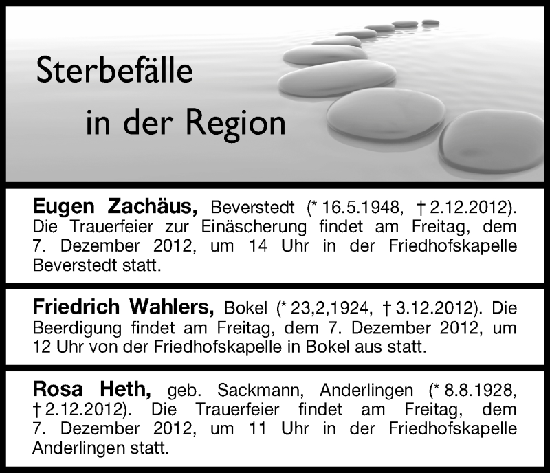 Traueranzeige von Sterbefälle vom 05.12.2012 von WESER-KURIER