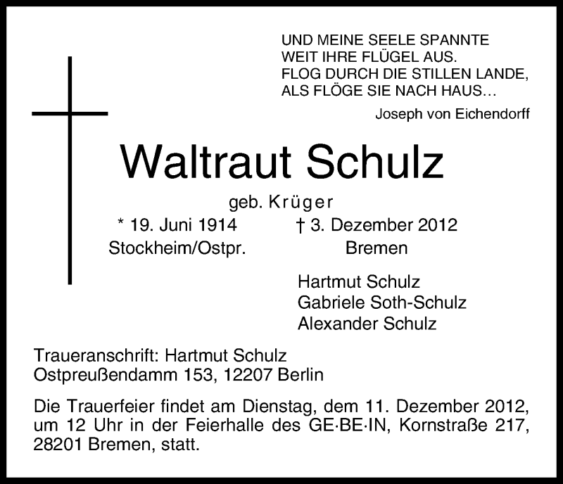 Traueranzeige von Waltraut Schulz von WESER-KURIER