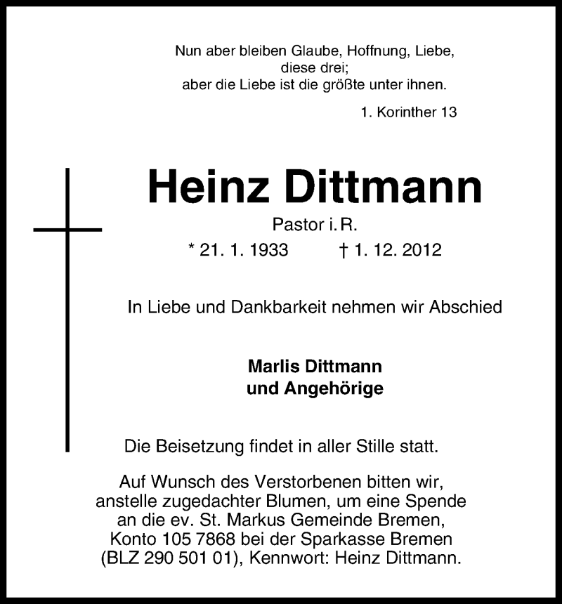 Traueranzeige von Heinz Dittmann von WESER-KURIER
