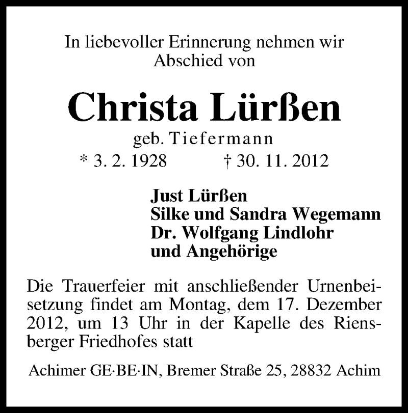 Traueranzeige von Christa Lürßen von WESER-KURIER