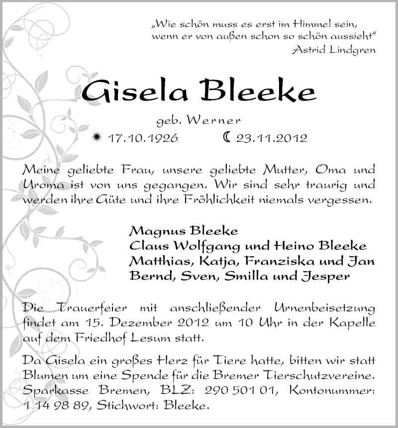 Traueranzeige von Gisela Bleeke von WESER-KURIER